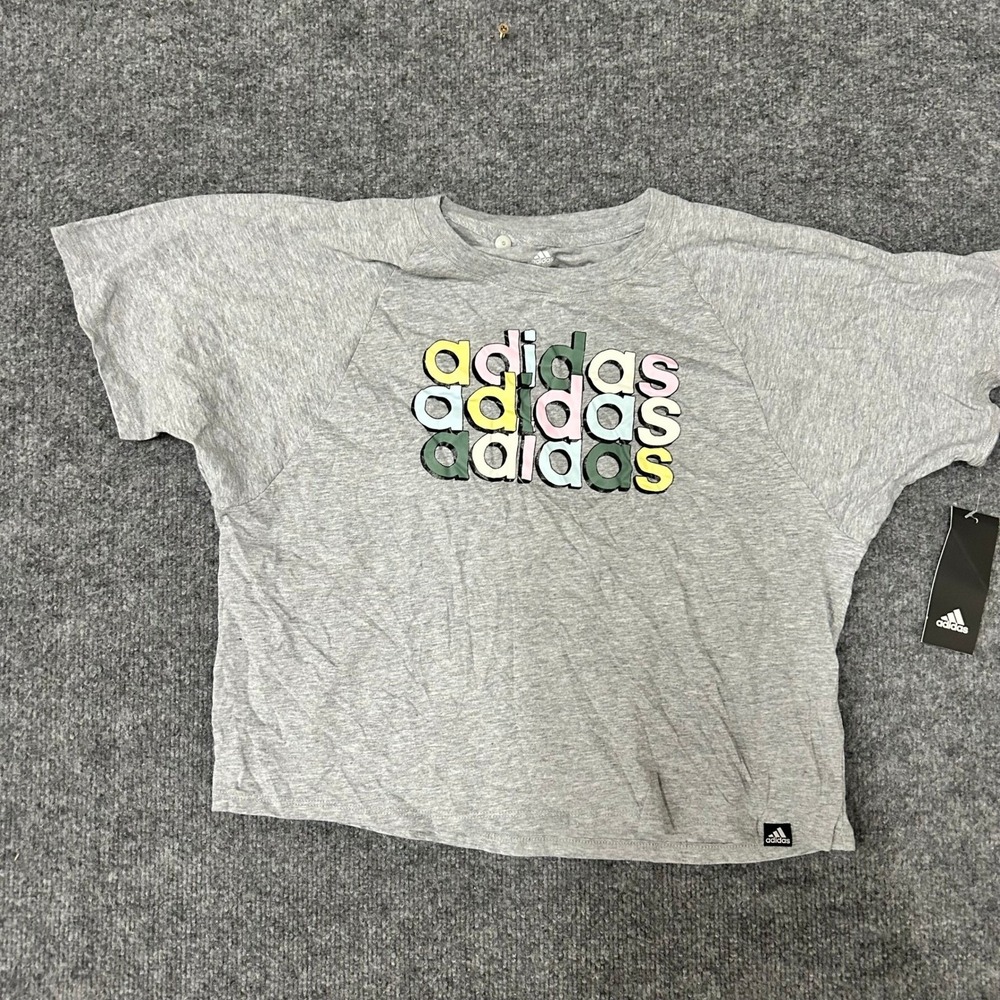 Adidas T-Shirt Womens Size L Gray Loose Fit Cropped Graphic Logo Short Sleeve